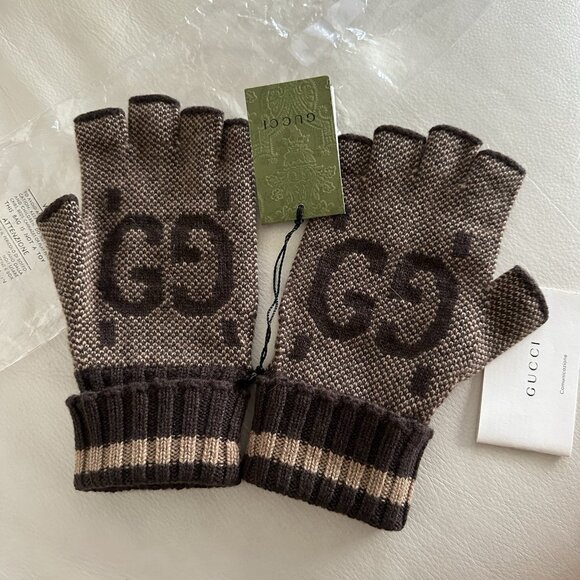 NWT GUCCI  Cashmere GG Fingerless Gloves L Beige Dark Brown 100% Authentic - Picture 3 of 6